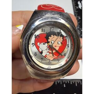 Betty Boop Heart Red Cuff Watch Silver Tone Japan Movt Character Timepiece